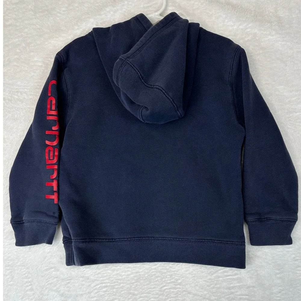 Carhartt Hoodie Boys Size 5 Navy Blue Red Logo Sleeve Graphic Pullover